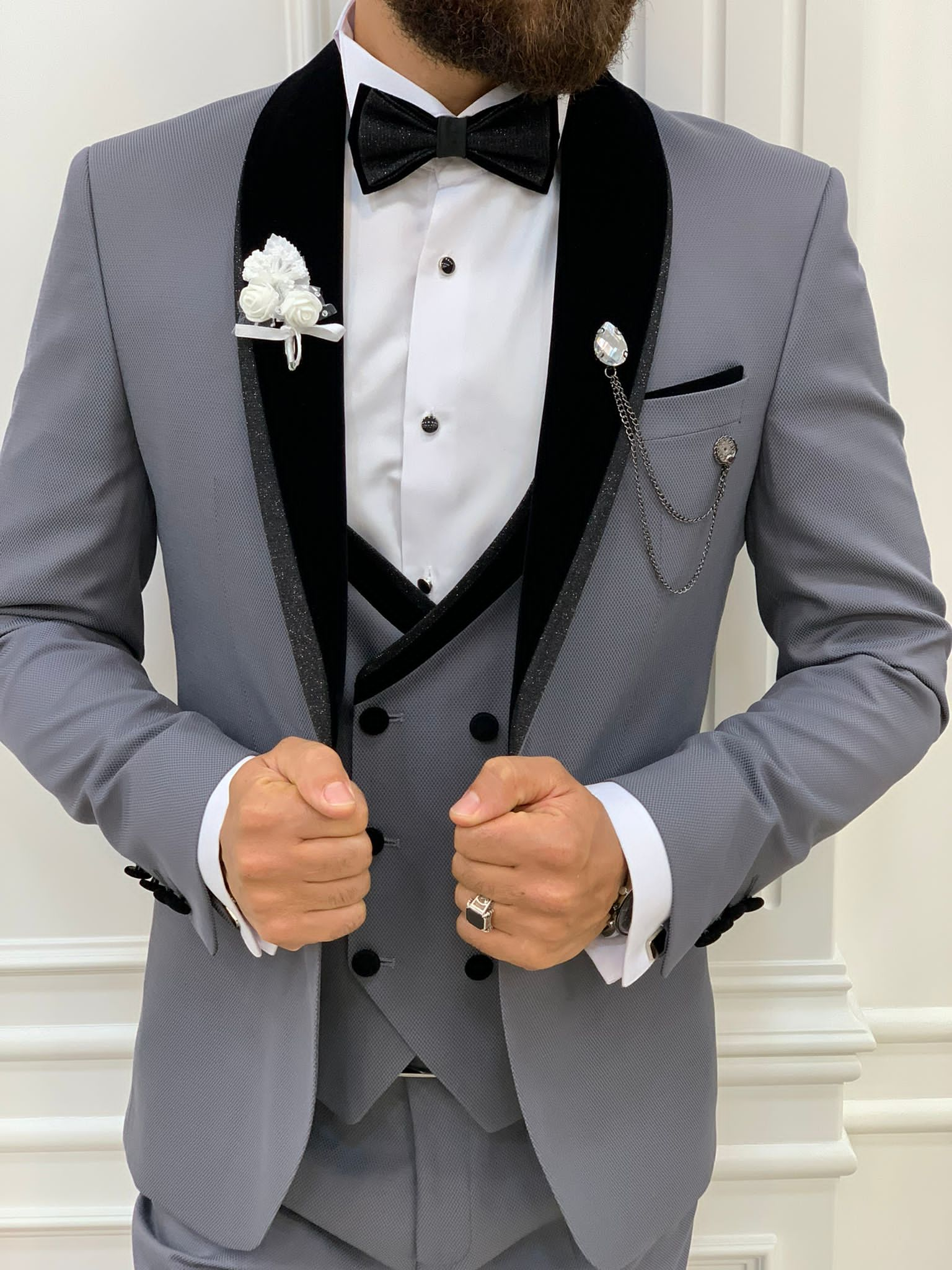 Fettachi Gray Slim Fit Velvet Peak Lapel Tuxedo-baagr.myshopify.com-1-BOJONI