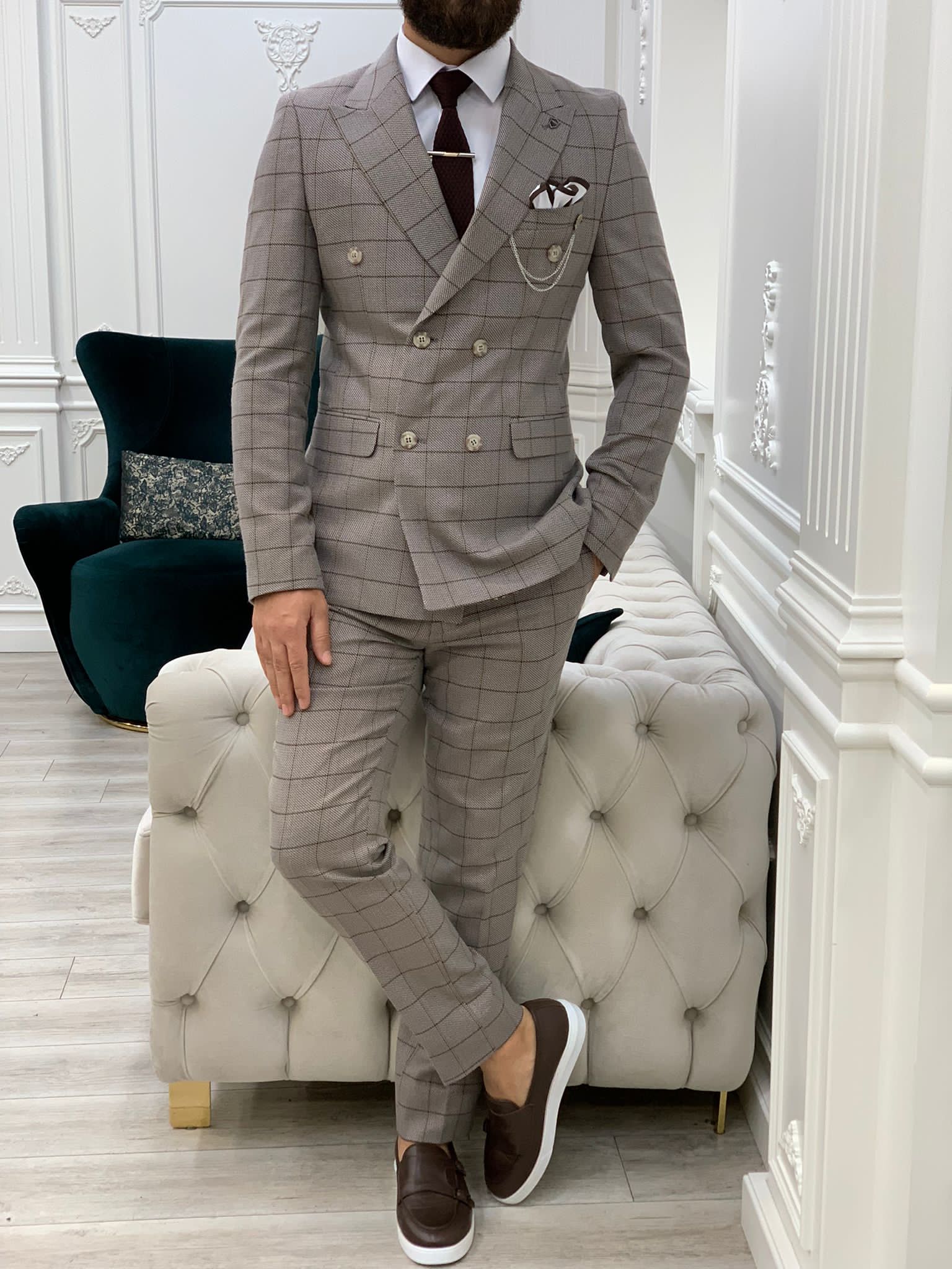 Rosario Light Brown Slim Fit Double Breasted Plaid Suit-baagr.myshopify.com-1-BOJONI