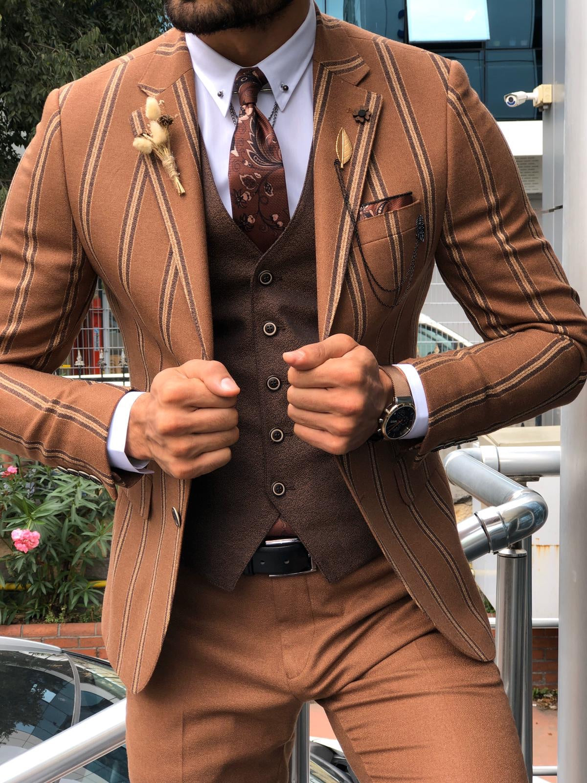 Slim-Fit Striped Suit Vest Camel-baagr.myshopify.com-suit-BOJONI