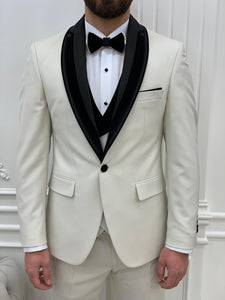 Bojoni Tishko White Velvet Shawl Collar Slim Fit Tuxedo