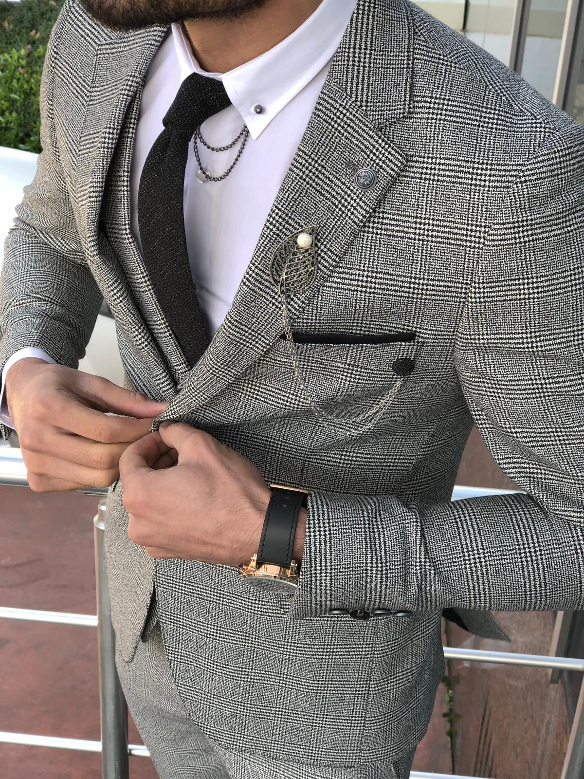 Slim-Fit Plaid Suit Vest Gray-baagr.myshopify.com-suit-BOJONI