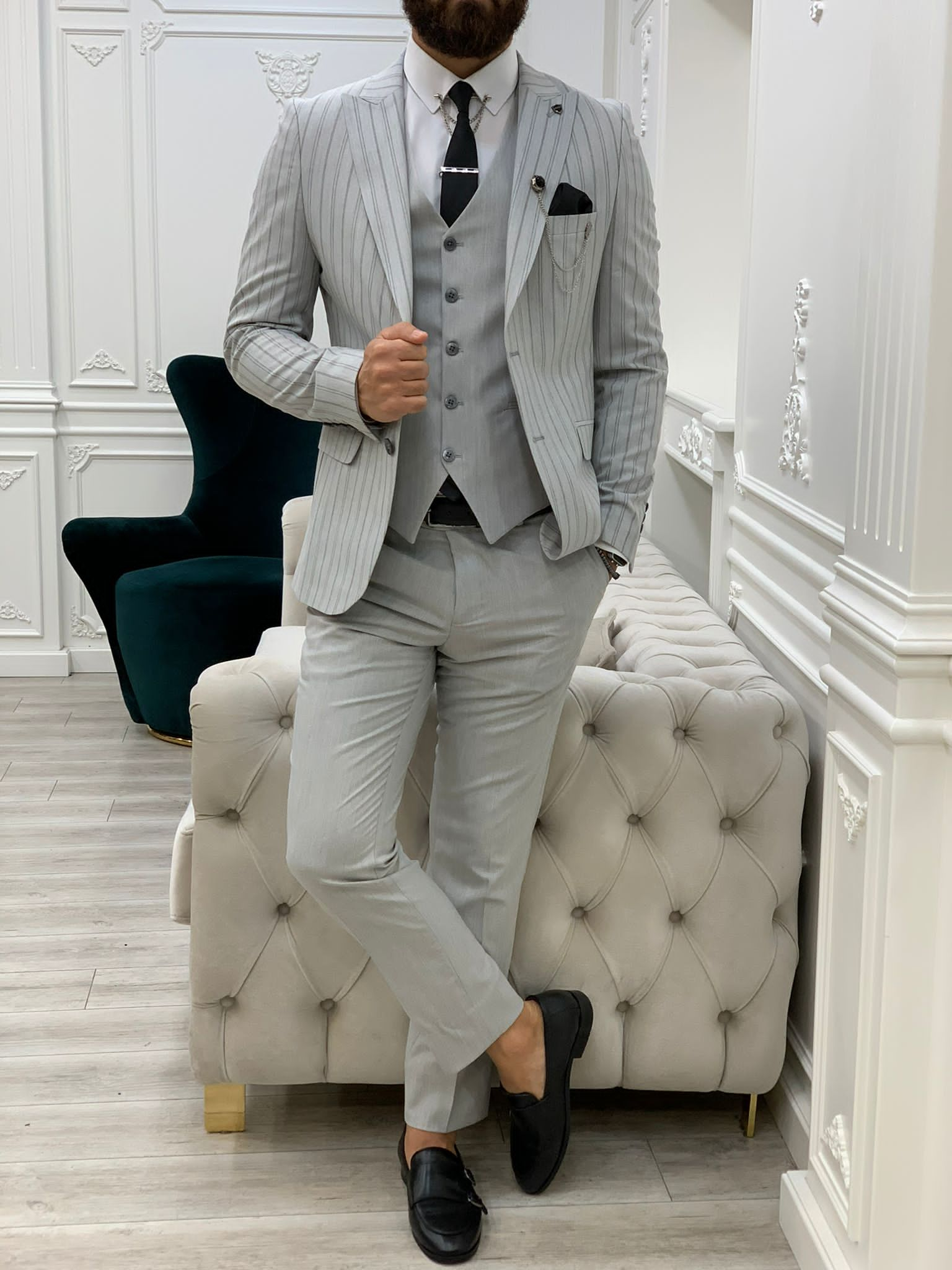 Lambrusco Gray Slim Fit Peak Lapel Striped Suit-baagr.myshopify.com-1-BOJONI