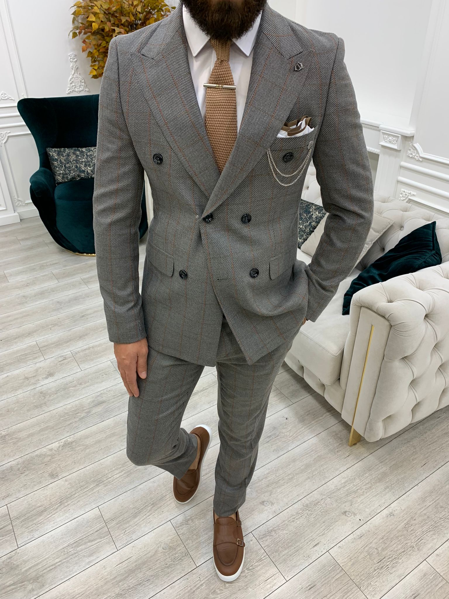 Rosario Light Gray Slim Fit Double Breasted Plaid Suit-baagr.myshopify.com-1-BOJONI