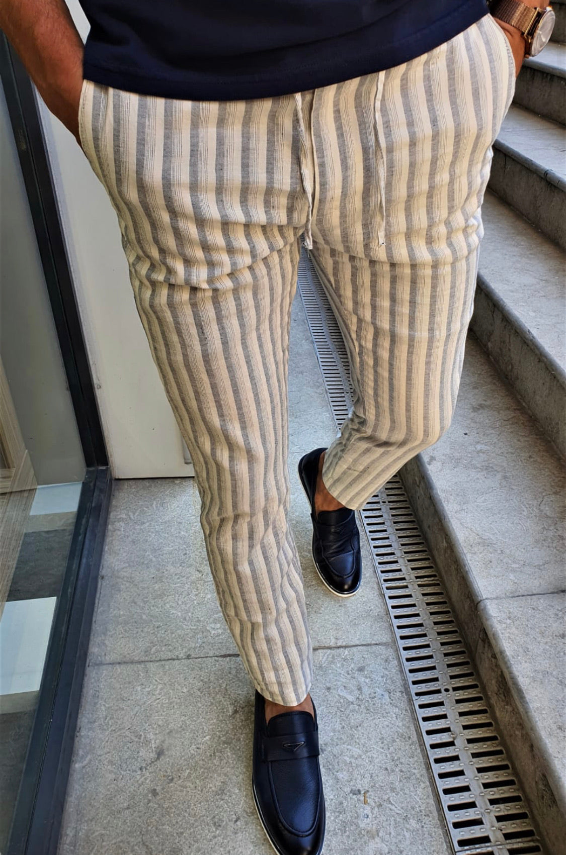 Newark Navy Blue Slim Fit Laced Striped Linen Pants-baagr.myshopify.com-Pants-BOJONI