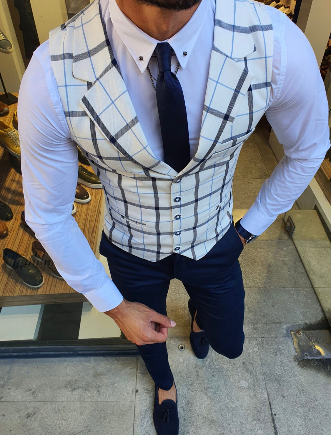 Malacan White Slim Fit Plaid Vest-baagr.myshopify.com-suit-BOJONI