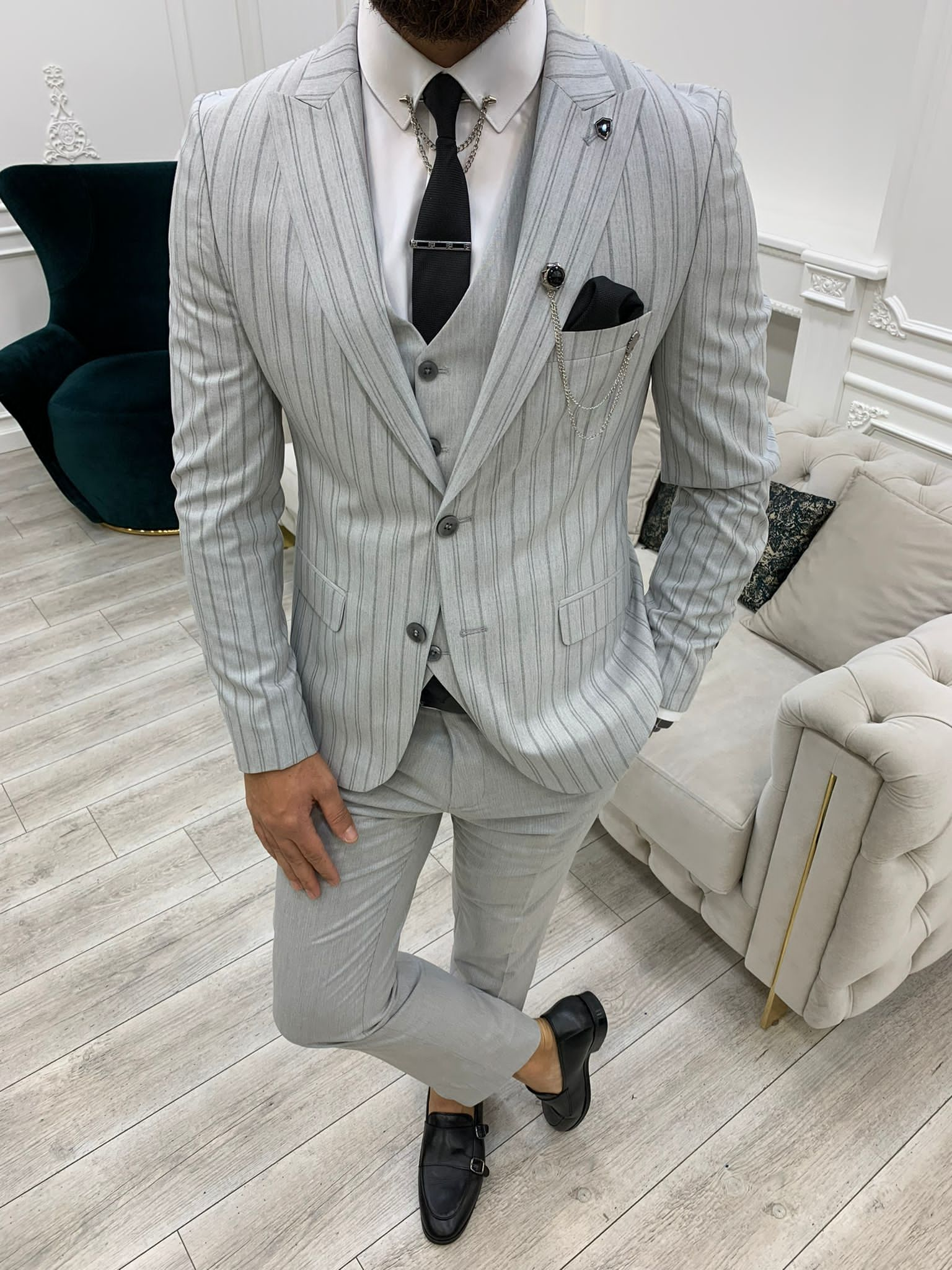 Lambrusco Gray Slim Fit Peak Lapel Striped Suit-baagr.myshopify.com-1-BOJONI