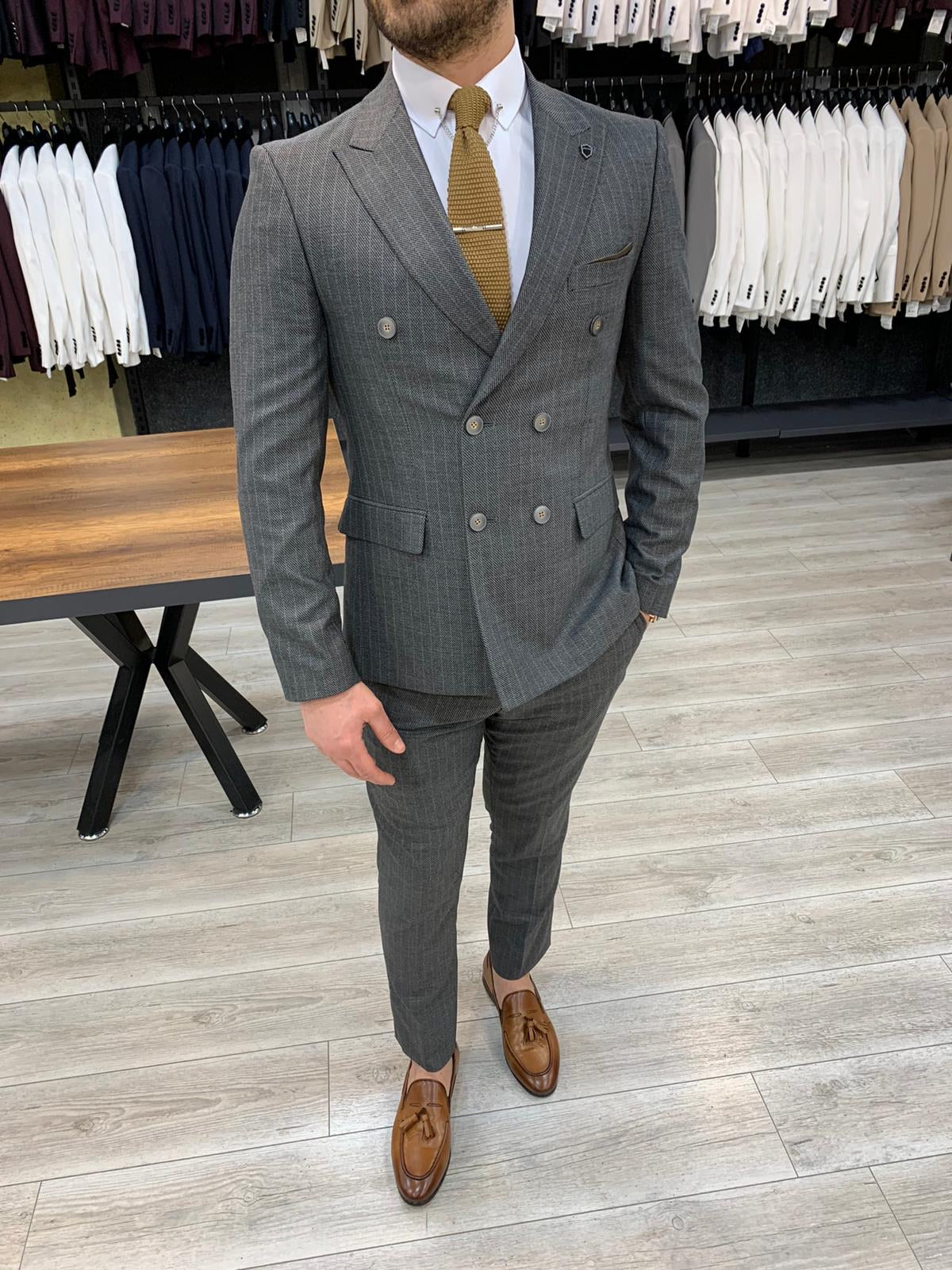 Zapali Gray Double Breasted Slim Fit  Suit-baagr.myshopify.com-1-BOJONI