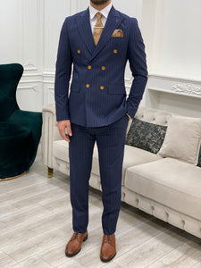 Bojoni Double Breasted Navy Blue Slim Fit Suit