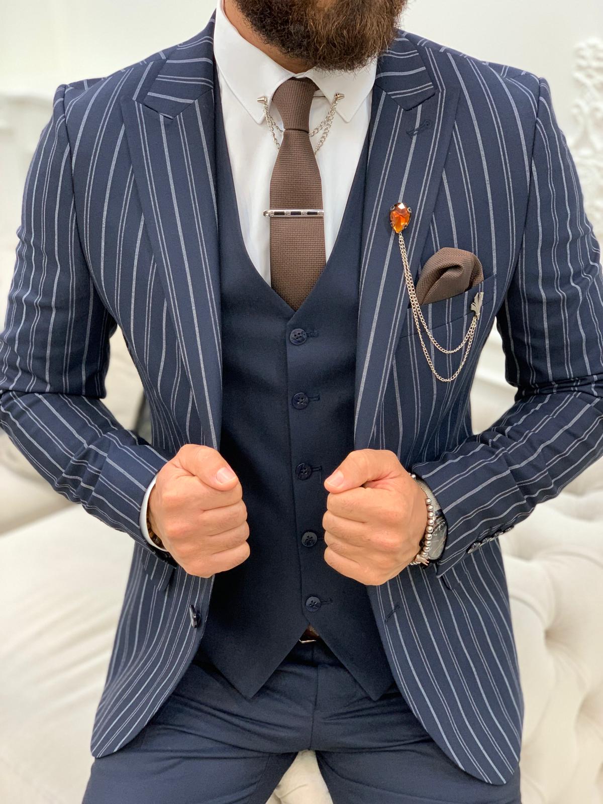 Lambrusco Navy Blue  Slim Fit Peak Lapel Striped Suit-baagr.myshopify.com-1-BOJONI