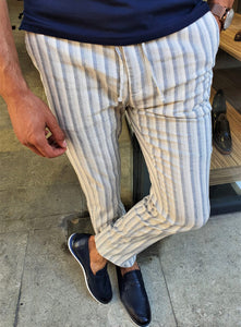 Newark Navy Blue Slim Fit Laced Striped Linen Pants-baagr.myshopify.com-Pants-BOJONI