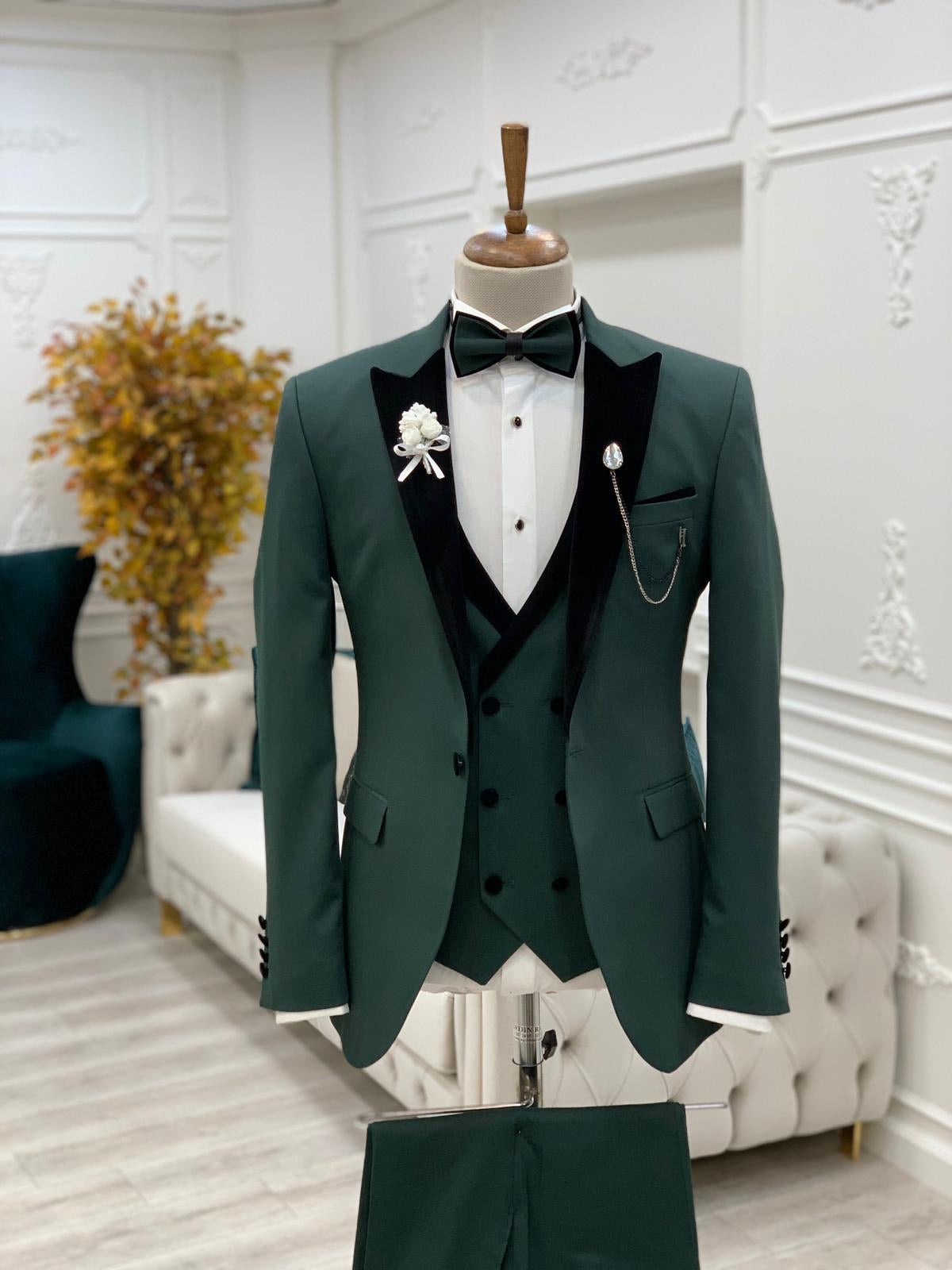 Partoni Royal Green Velvet Slim Fit Tuxedo-baagr.myshopify.com-1-BOJONI