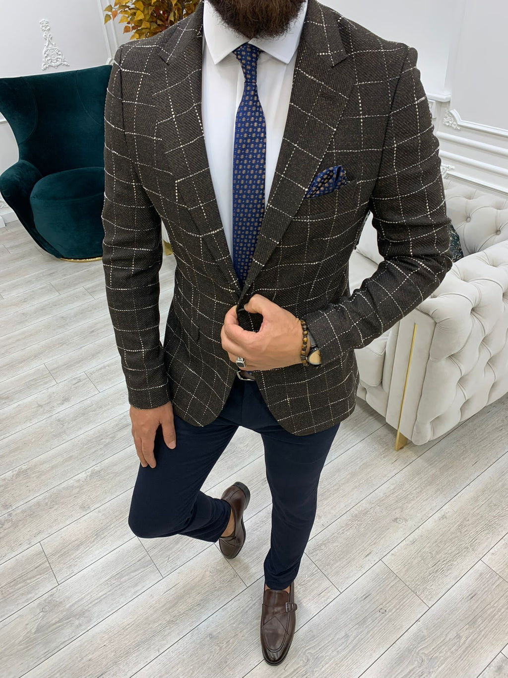 Serra Dark Coffee Slim Fit Plaid Suit-baagr.myshopify.com-1-BOJONI