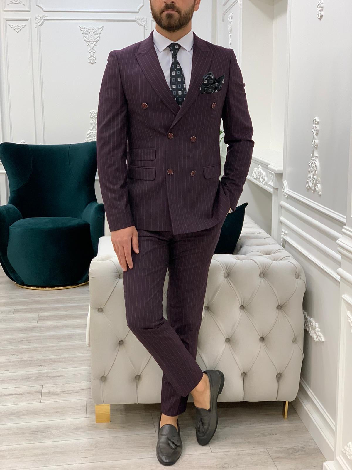 Furino Burgundy Slim Fit Double Breasted Pinstripe Suit-baagr.myshopify.com-1-BOJONI