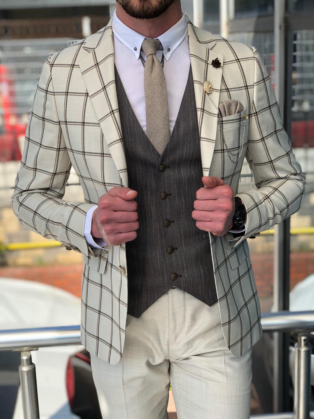 Slim-Fit Plaid Suit Vest Beige-baagr.myshopify.com-suit-BOJONI