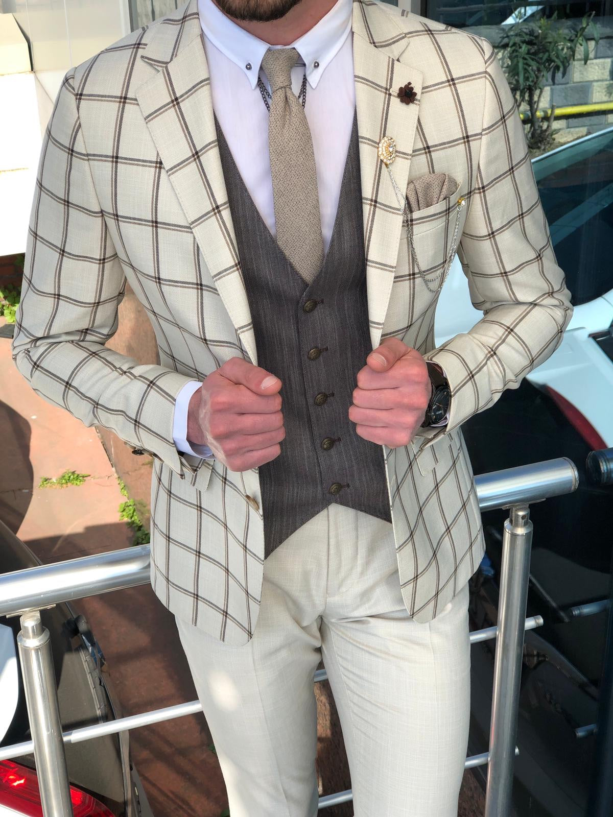 Slim-Fit Plaid Suit Vest Beige-baagr.myshopify.com-suit-BOJONI