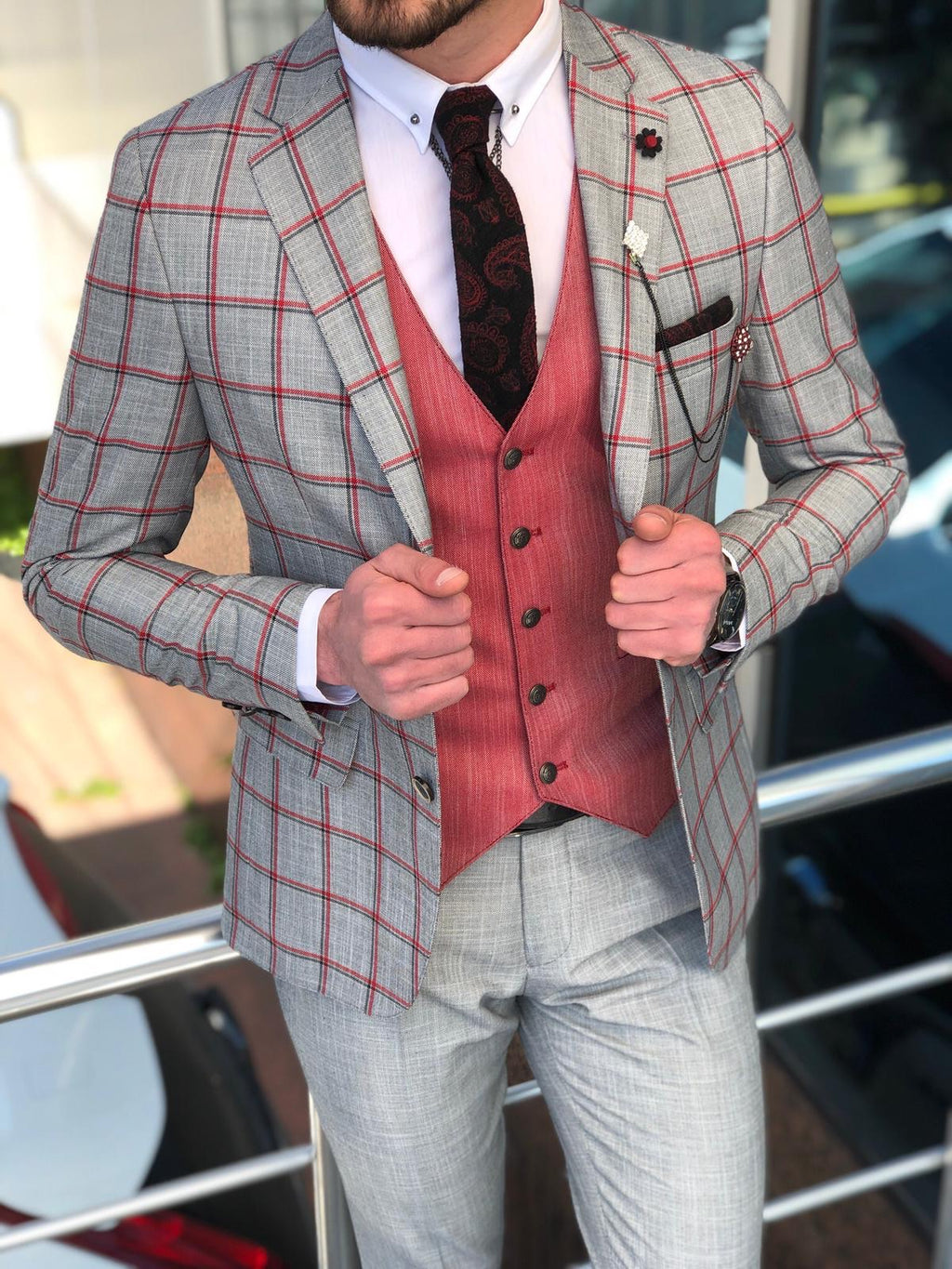 Slim-Fit Plaid Suit Vest Gray-baagr.myshopify.com-suit-BOJONI