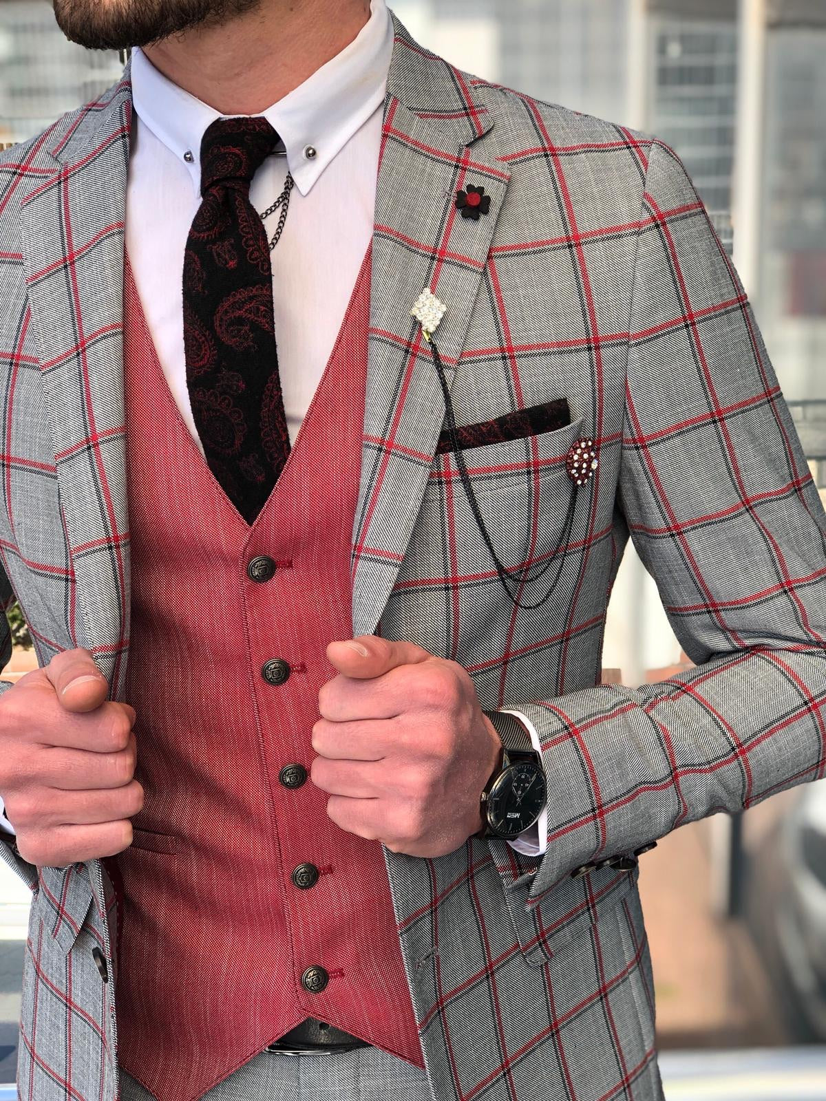 Slim-Fit Plaid Suit Vest Gray-baagr.myshopify.com-suit-BOJONI