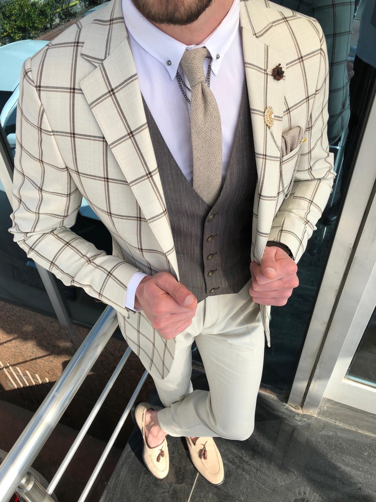 Slim-Fit Plaid Suit Vest Beige-baagr.myshopify.com-suit-BOJONI