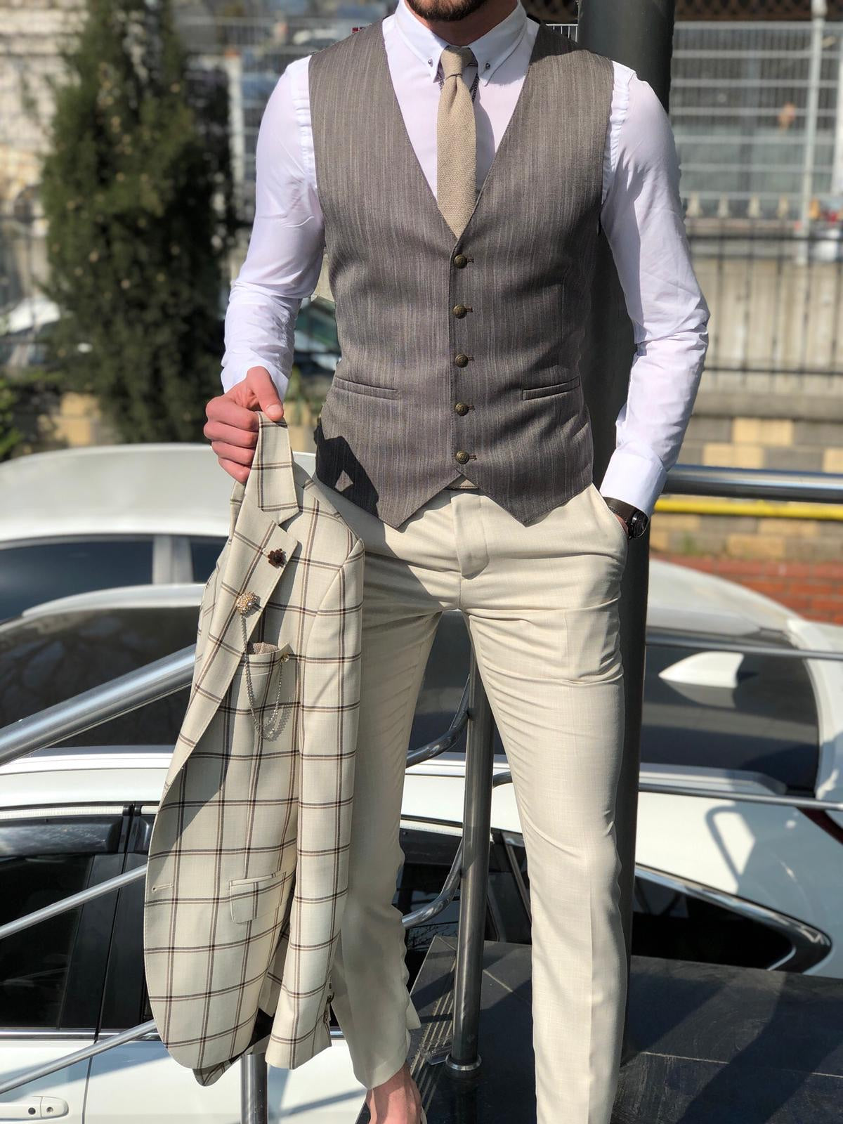 Slim-Fit Plaid Suit Vest Beige-baagr.myshopify.com-suit-BOJONI