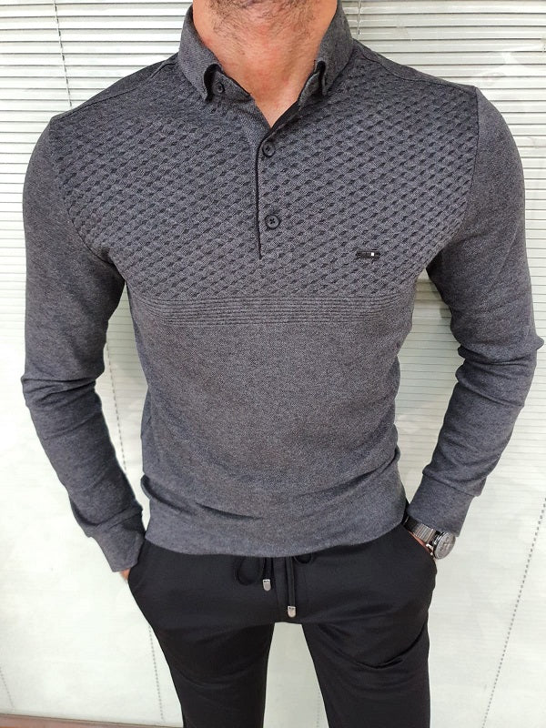 Verno Dark Gray Slim Fit Long Sleeve Polo Shirt-baagr.myshopify.com-sweatshirts-BOJONI