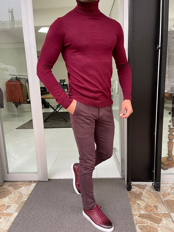 Casani Burgundy Slim Fit Mock Turtleneck Sweater-baagr.myshopify.com-sweatshirts-BOJONI