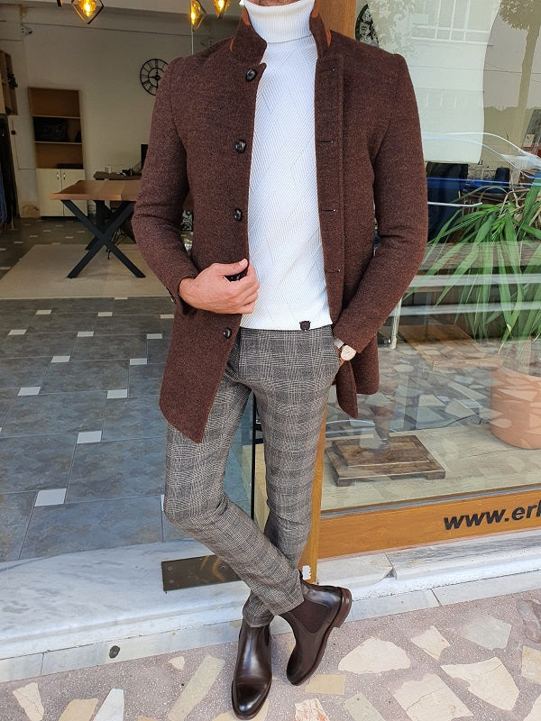 Verno Brown Slim Fit Wool Long Coat-baagr.myshopify.com-Jacket-BOJONI