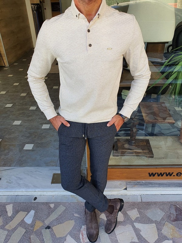 Verno Beige Slim Fit Long Sleeve Polo Shirt-baagr.myshopify.com-sweatshirts-BOJONI