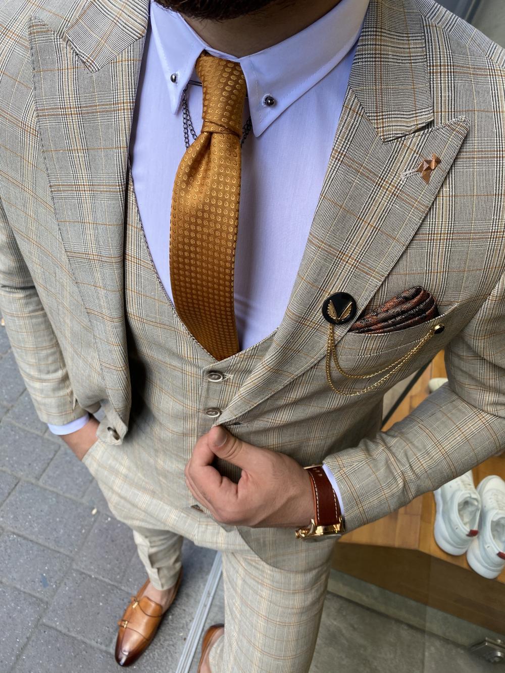 Forenzax Beige Plaid Slim Fit Suit-baagr.myshopify.com-suit-BOJONI