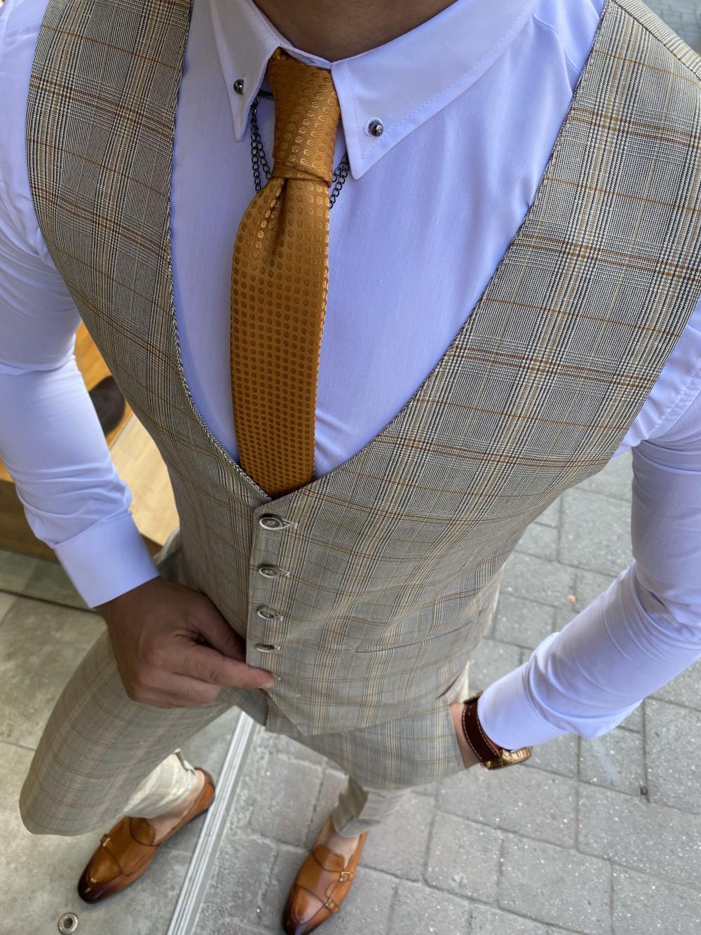 Forenzax Beige Plaid Slim Fit Suit-baagr.myshopify.com-suit-BOJONI