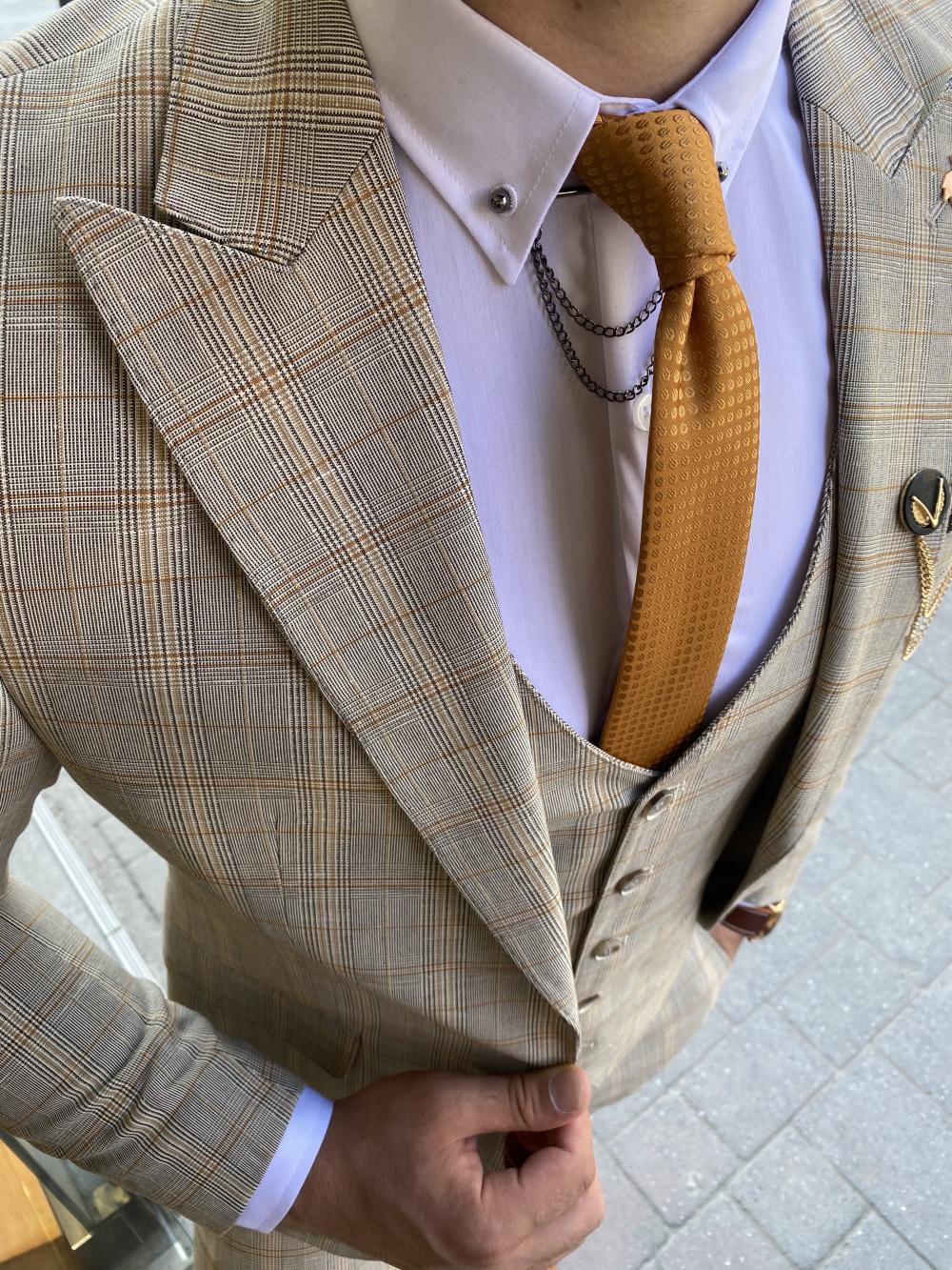 Forenzax Beige Plaid Slim Fit Suit-baagr.myshopify.com-suit-BOJONI