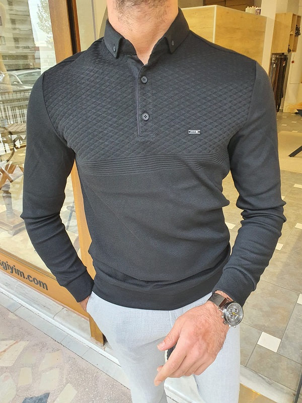 Verno Black Slim Fit Long Sleeve Polo Shirt-baagr.myshopify.com-sweatshirts-BOJONI