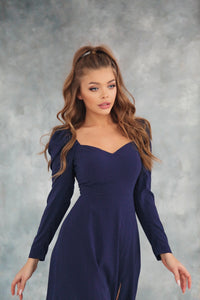 Polka Dot Midi Dress with Lantern Sleeves and Slit Navy Blue-baagr.myshopify.com-dress.-BOJONI