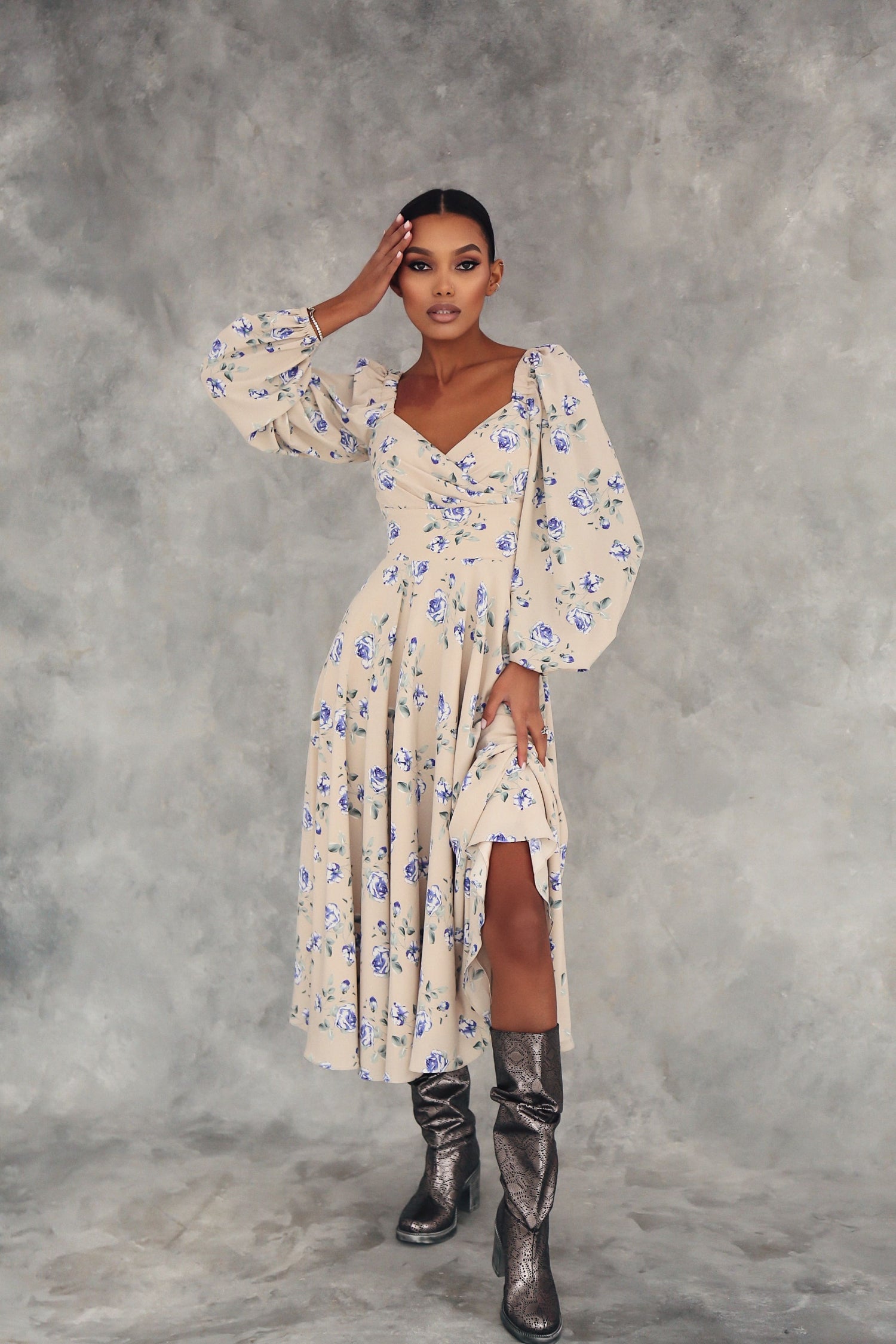Floral Puff Sleeve Midi Dress-baagr.myshopify.com-dress.-BOJONI