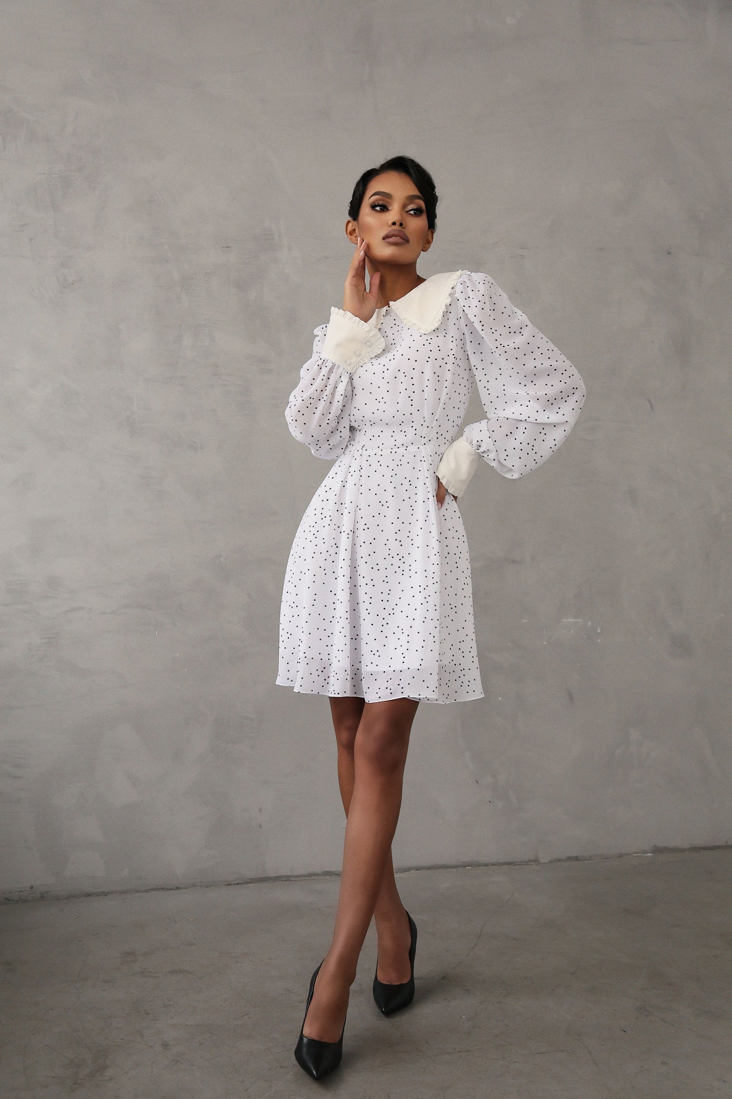 Crepe Chiffon Dress with Turndown Collar and Cuffs-baagr.myshopify.com-dress.-BOJONI
