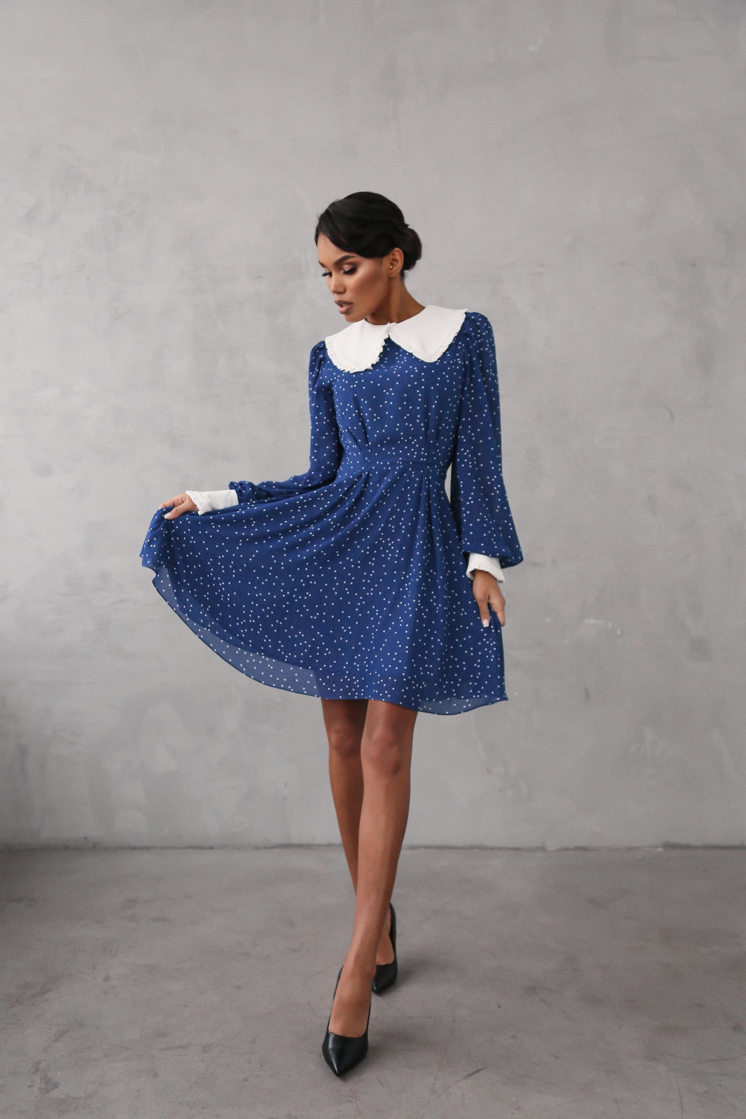 Crepe Chiffon Dress with Turndown Collar and Cuffs-baagr.myshopify.com-dress.-BOJONI