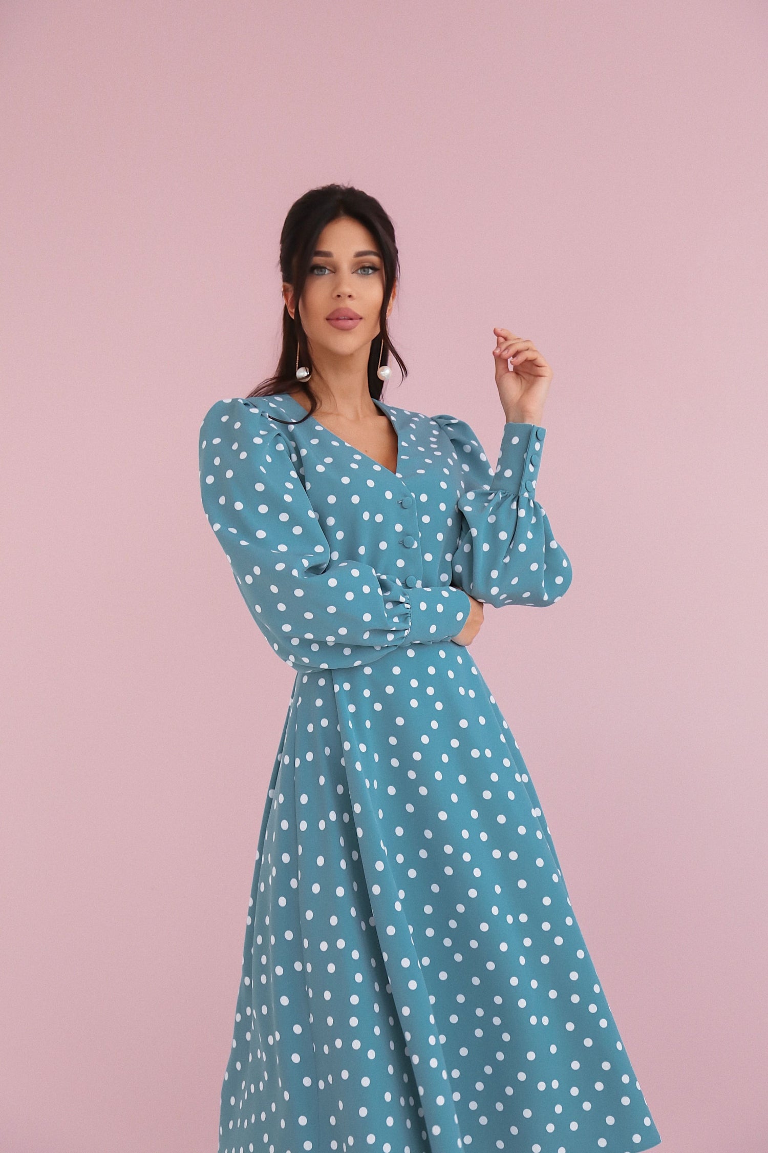 Polka Dot Midi Dress with Puffy Sleeves-baagr.myshopify.com-dress.-BOJONI