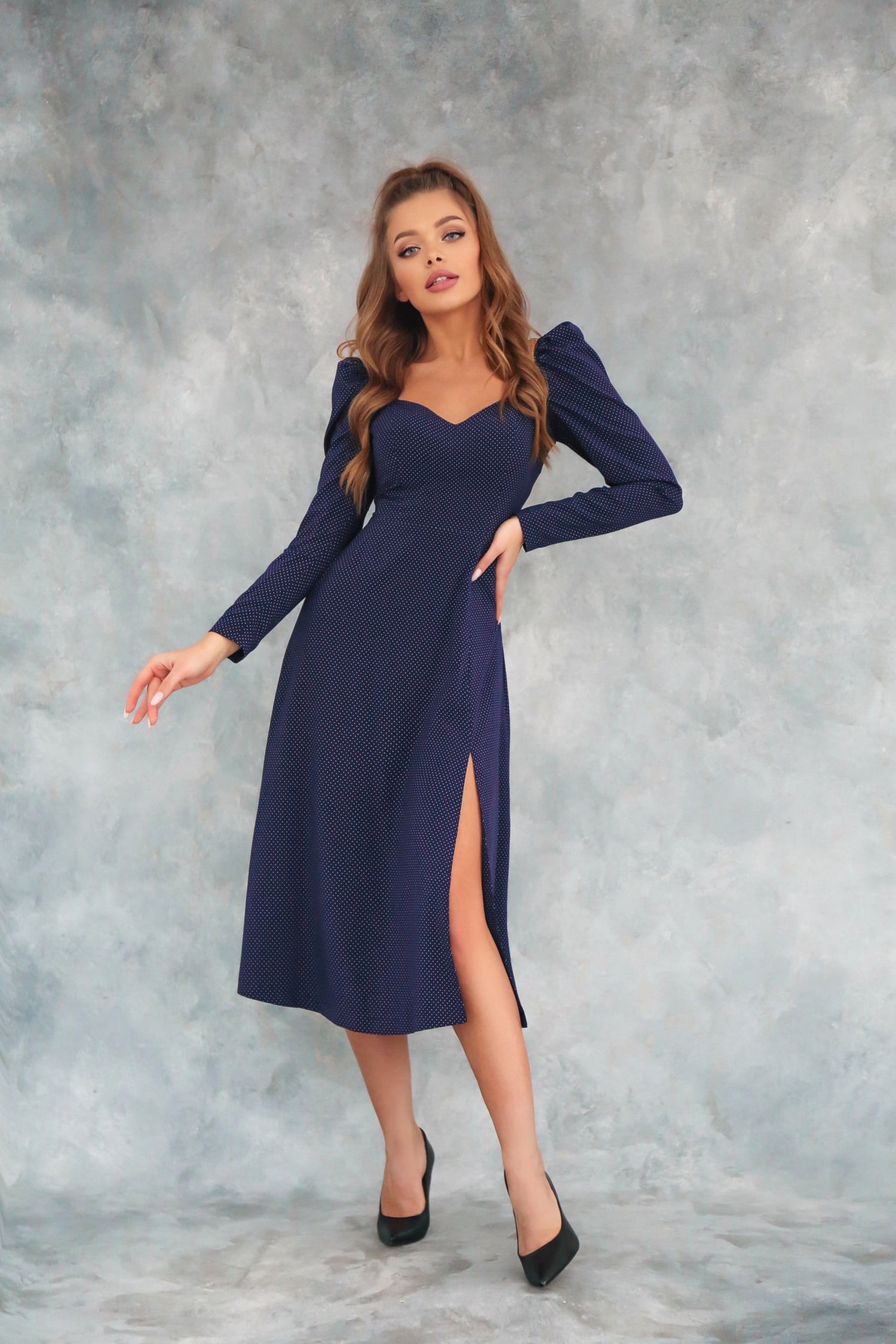 Polka Dot Midi Dress with Lantern Sleeves and Slit Navy Blue-baagr.myshopify.com-dress.-BOJONI