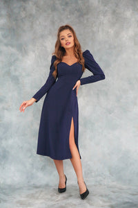 Polka Dot Midi Dress with Lantern Sleeves and Slit Navy Blue-baagr.myshopify.com-dress.-BOJONI