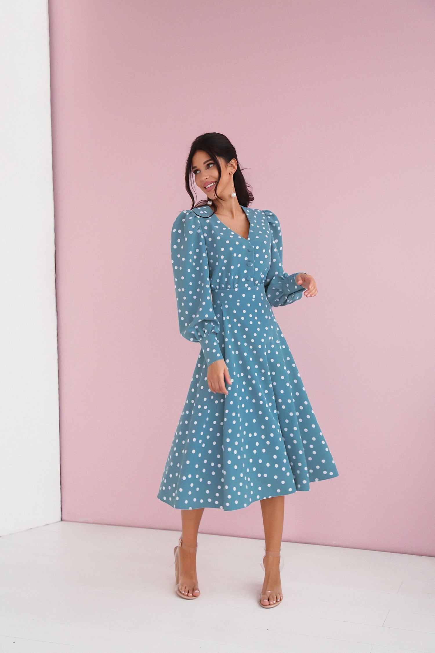 Polka Dot Midi Dress with Puffy Sleeves-baagr.myshopify.com-dress.-BOJONI
