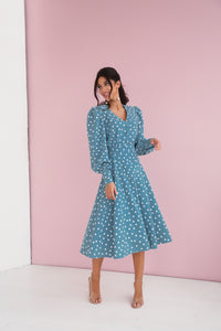 Polka Dot Midi Dress with Puffy Sleeves-baagr.myshopify.com-dress.-BOJONI