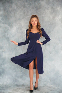 Polka Dot Midi Dress with Lantern Sleeves and Slit Navy Blue-baagr.myshopify.com-dress.-BOJONI