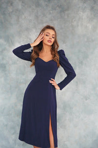 Polka Dot Midi Dress with Lantern Sleeves and Slit Navy Blue-baagr.myshopify.com-dress.-BOJONI