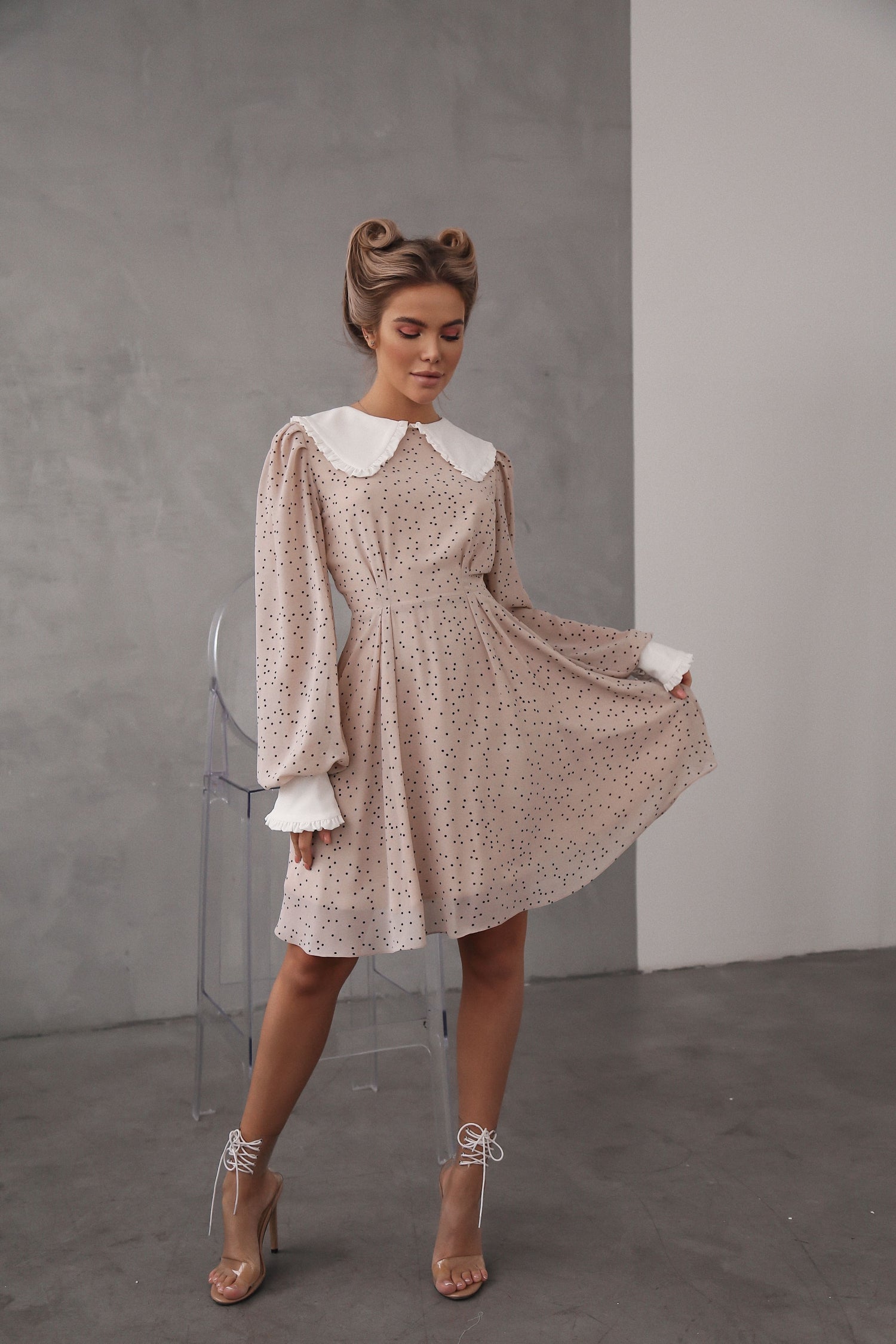 Crepe Chiffon Dress with Turndown Collar and Cuffs-baagr.myshopify.com-dress.-BOJONI