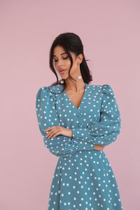 Polka Dot Midi Dress with Puffy Sleeves-baagr.myshopify.com-dress.-BOJONI