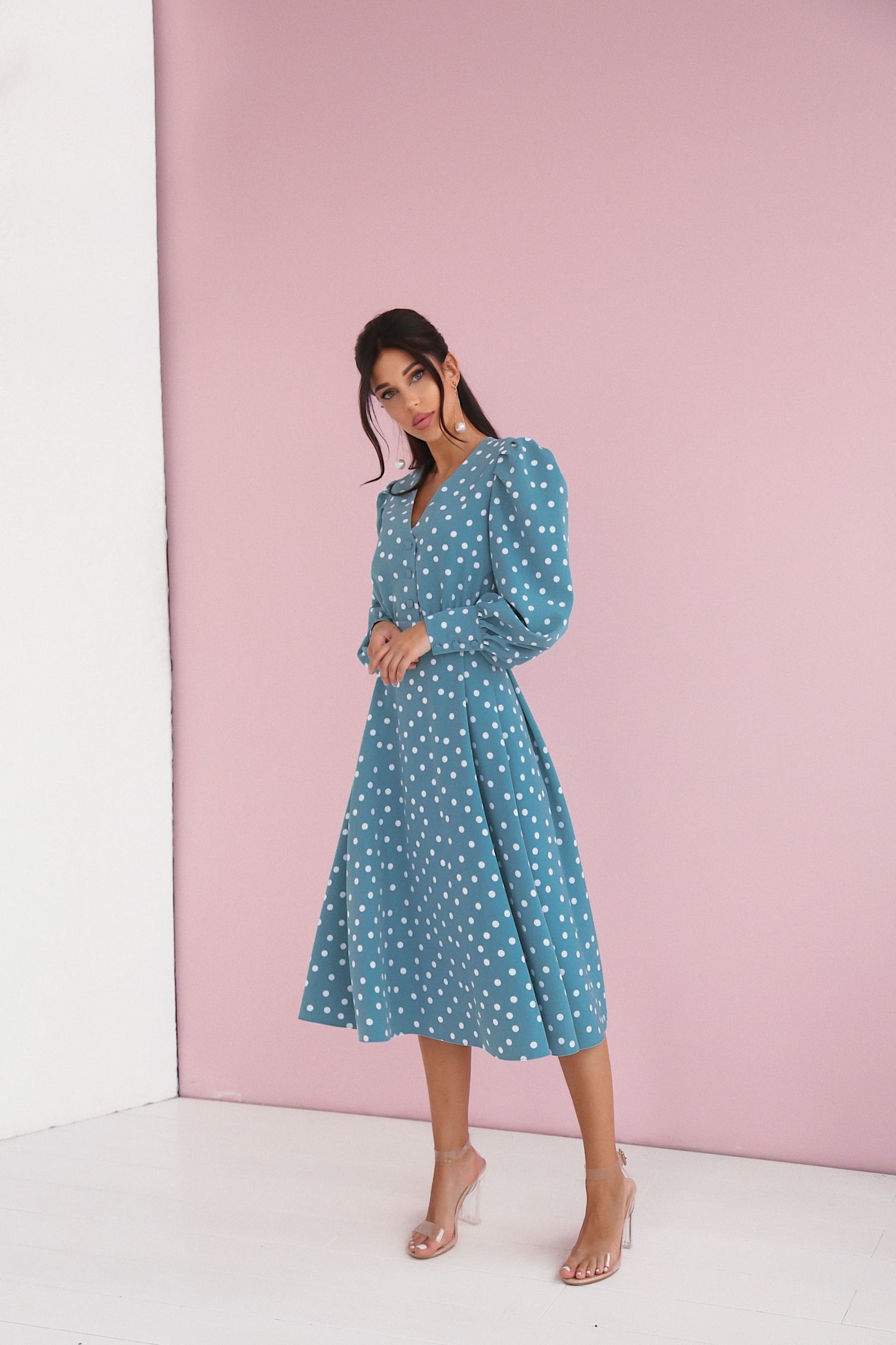 Polka Dot Midi Dress with Puffy Sleeves-baagr.myshopify.com-dress.-BOJONI