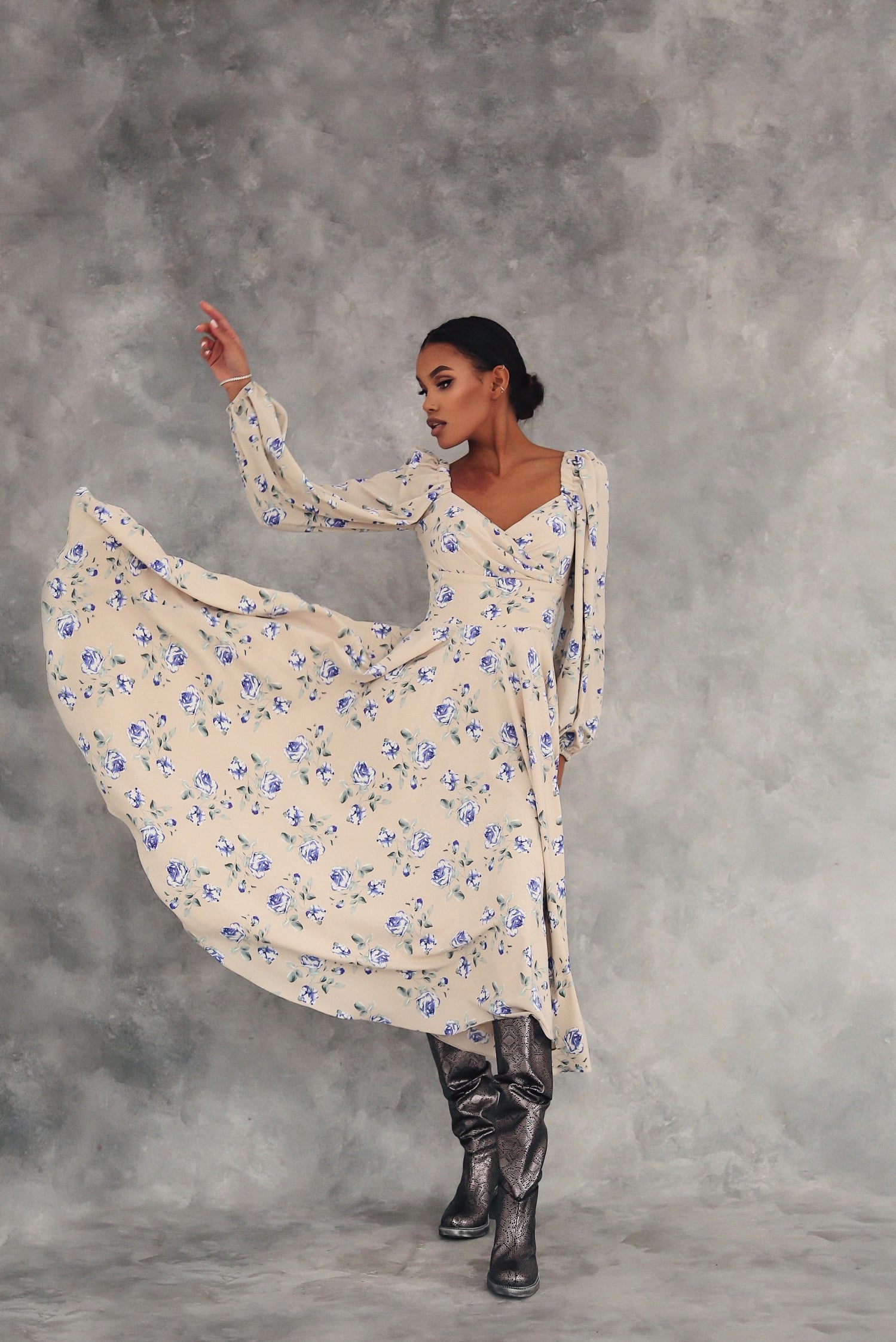 Floral Puff Sleeve Midi Dress-baagr.myshopify.com-dress.-BOJONI